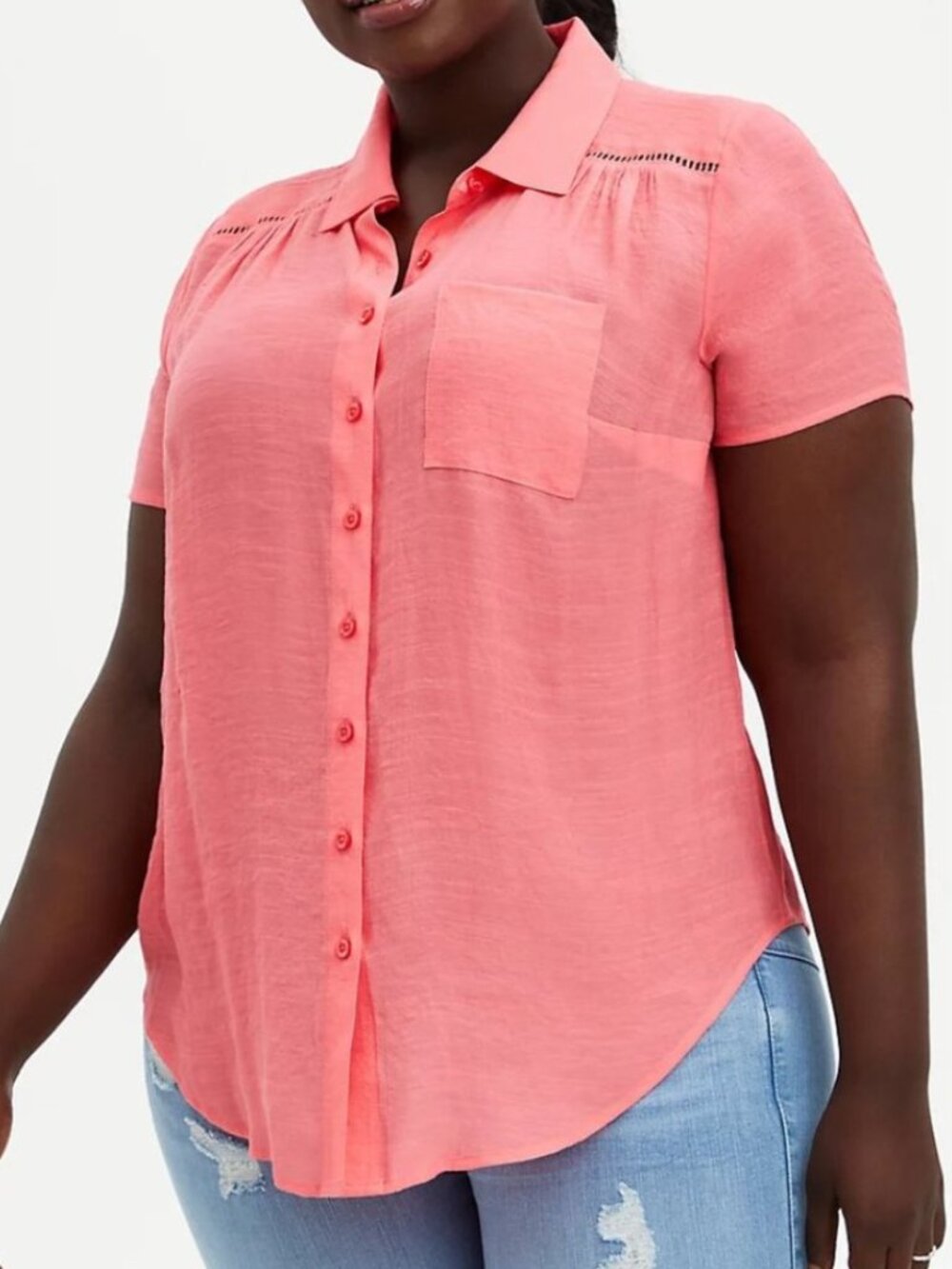 TORRID 5 Plus Size Lindsay Crochet Inset Button Down Shirt Gauze Pink Summer 5X